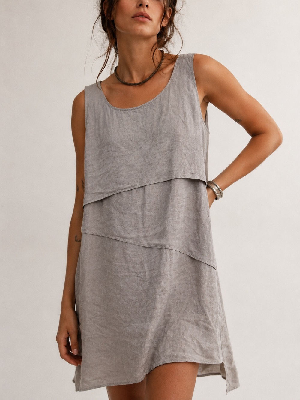 Stella Carakasi 100% Linen Layered Dress Size XL Gray Lagenlook Minimalist
